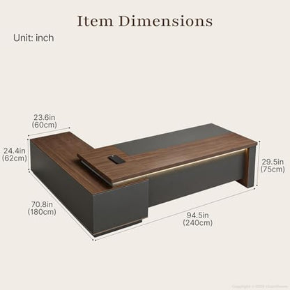 95" Reversible L-Shaped Executive Desk for CEO's Office - color: Red Walnut+graphite Gray, size: 95"L x 71"W
