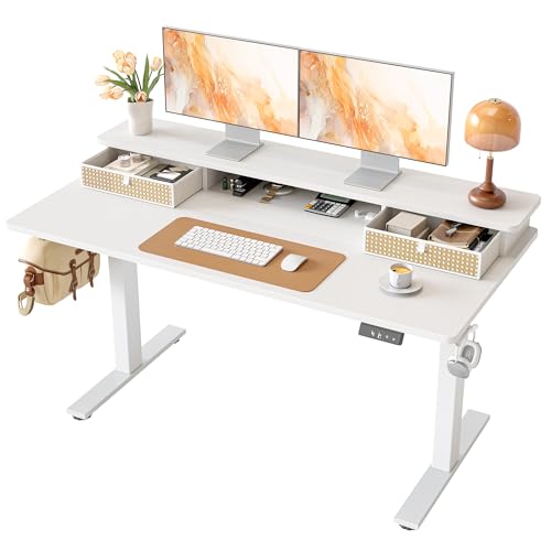 TIQLAB Standing Desk with Two Drawers, Stand Up Standing Desk Adjustable Height, Electric Sit Stand Table with Storage Shelf and Splice Board, 55 * 24 inch, White Wicker - color: White Wicker, size: 55*24 inch without keyboard tray