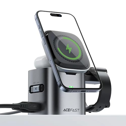ACEFAST 6-in-1 80W Foldable GaN Wireless Fast Charging Station for iPhone 17/16/15 Series, Desktop Magnetic Wireless Charger Dock Station with USB C Rretractable Cable for AirPods 2/3/4/Pro 2/Pro 3