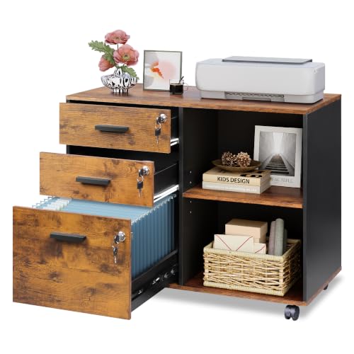 DEVAISE 3-Drawer File Cabinet with Lock, Wood Filing Cabinet, Rustic Brown | Rolling Printer Stand, Office Cabinet, Open Storage Shelves, Letter & A4 Compatible, Home Office, Under Desk Storage - color: Rustic Brown