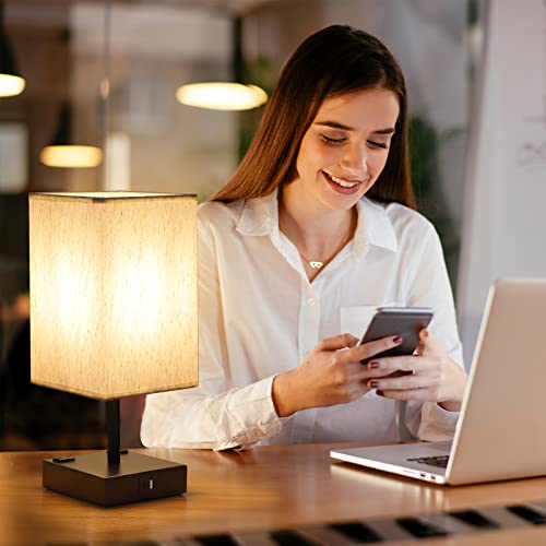 Bedside Table Lamp for Bedroom - Touch Small Lamp with USB C+A Charging Ports & AC Outlets, 3 Way Dimmable Nightstand Light for Living Room (LED Bulb Included, Flaxen) - color: Flaxen