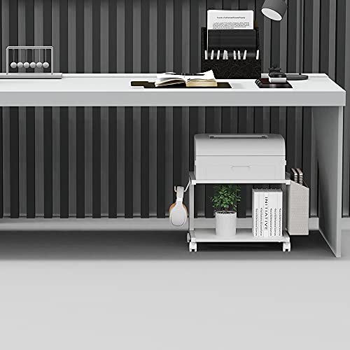 VEDECASA 2 Tier Modern White Wooden Under Desk Printer Stand with Storage Bag for Home Office Desktop Printer Table Organizer Mobile Printer Shelf Cart with Caster Wheel (White) - color: White