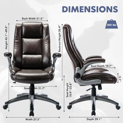 MALOL Leather Executive Office Chair - High Back Home Computer Desk Chair with Padded Flip-up Arms, Adjustable Tilt Lock, Swivel Rolling Ergonomic Chair for Adult Working Study, Brown - color: Brown