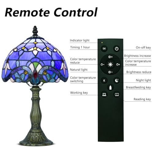 8 Inch Small Tiffany Style Table Lamp with Remote Control, Blue Baroque - color: Blue Baroque