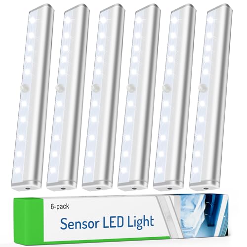 Molrebe Motion Sensor Closet Lights, 6 Pack, Battery Operated | 10 LEDs, 10-ft motion range, 15-20 sec auto-off, magnetic peel-and-stick mounting for closets, cabinets, hallways and stairs