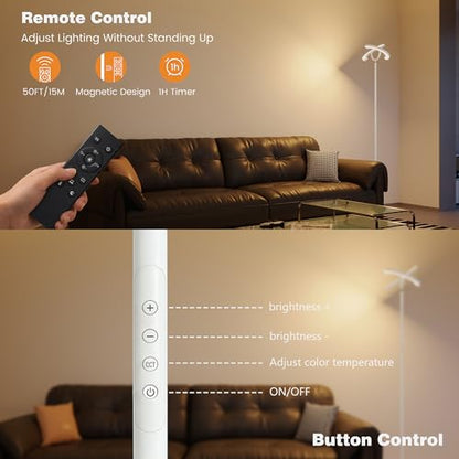 SIBRILLE 30W LED Floor Lamp for Living Room, 350° Rotating Reading Standing Lamp with Remote Control, Stepless Dimmable 3000K-6500K Modern Tall Lamp for Bedroom Office - color: White
