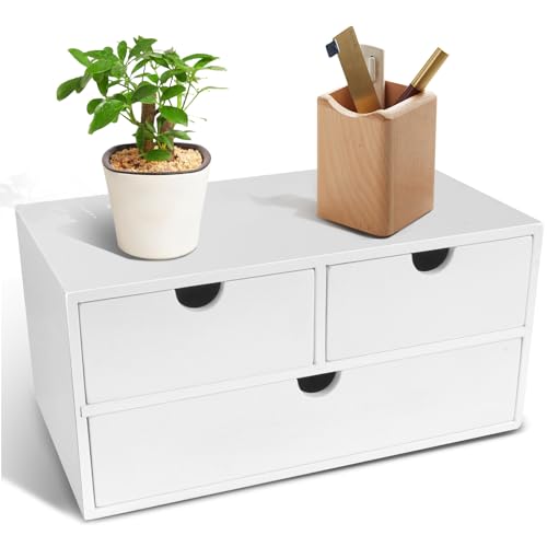 Charmewooden Bamboo Desk Organizer With Drawers Countertop Drawers Counter Storage Box Corner Desk Organizer for Home Office No Assembly Required - color: White(3 Drawers )