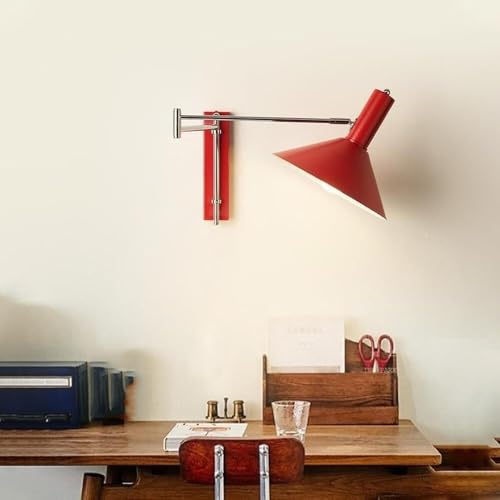Modern Industrial Red Conical Shade Wall Sconce Minimalist Adjustable Swing Arm Wall Lamp Interior Accent Wall Mount Light Fixture for Bedroom Study Living Room