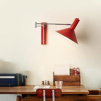 Modern Industrial Red Conical Shade Wall Sconce Minimalist Adjustable Swing Arm Wall Lamp Interior Accent Wall Mount Light Fixture for Bedroom Study Living Room