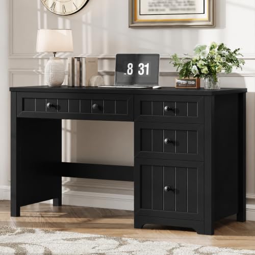 Vabches Farmhouse Executive Desk with 4 Drawers, Home Office Desk with File Drawer, Wood Computer Desk with Storage, Rustic Office Desk for Work Study Writing, Pure Black - color: Pure Black
