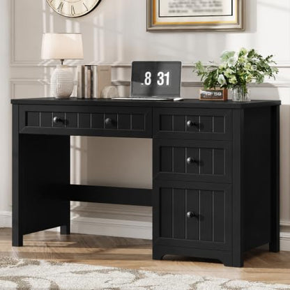 Vabches Farmhouse Executive Desk with 4 Drawers, Home Office Desk with File Drawer, Wood Computer Desk with Storage, Rustic Office Desk for Work Study Writing, Pure Black - color: Pure Black