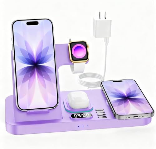 Dual Phone Foldable Wireless Charging Station for Apple Devices | Only for Apple Watch Charging, Cyclic Ambient Light, Digital Clock Display, Magnetic Wireless Charging for Phone, Portable - color: Purple
