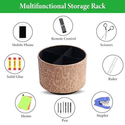 Round Leather Art Supply Organizer,Remote Control Holder,360 Degree Rotating,Multi-Functional Pencil Holder,4 Compartments Desktop Stationary Organizer(1-Leopard Brown) - color: 1-Leopard Brown