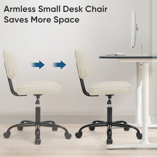 DUMOS Armless Home Office Chair: Small Desk Chair with Low Back Lumbar Support, Height Adjustable PU Leather Computer Task with 360° Swivel Wheels, for Adults, Beige - color: Beige