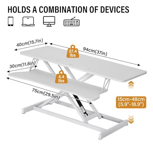 37 Inch Standing Desk Converter, Height Adjustable Desktop Standing Desk, Stand Up Riser Compatibles with 2 Computer, Stand Up Converter Laptop Workstation to 18.8" Tall, Black - color: White