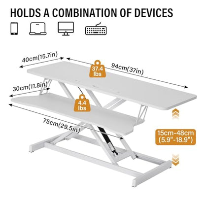 37 Inch Standing Desk Converter, Height Adjustable Desktop Standing Desk, Stand Up Riser Compatibles with 2 Computer, Stand Up Converter Laptop Workstation to 18.8" Tall, Black - color: White