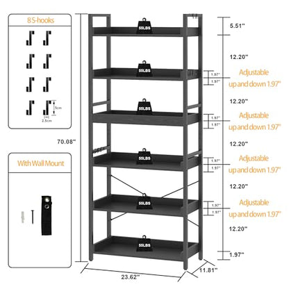HCHQHS 6 Tier Bookshelf, Adjustable Industrial Bookcase, Vertical Tall Book Shelf, Wood and Black Metal Open Bookshelves for Home Office, Living Room, Bedroom, 70 Inch - color: Black, size: 6-Tier (24"W x 70"H)