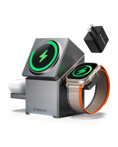 ZEEHOO 3 in 1 Charging Station for Apple, Mag-Safe for iPhone Charger, Certified Rotating Wireless Charger Stand for iPhone 17,16,15,14,13,12 Series, Apple Watch, AirPods (USB-C Charger Included) - color: Metal Gray