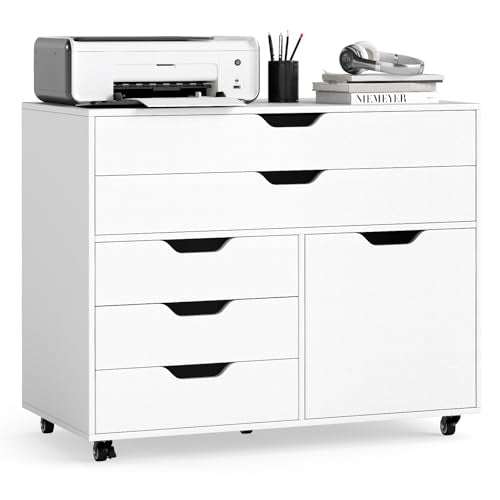 MAT EXPERT 5-Drawer Mobile File Cabinet w/Door, Lateral Filing Cabinet w/5 Universal Wheels, Rolling File Cabinets with Storage, Modern Wood Printer Stand for Home Office, Living Room, Study (White) - color: White