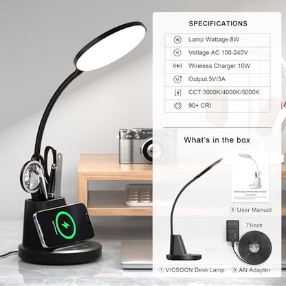 LED Desk Lamp with Wireless Charger for Home Office, Black - color: Matte Black