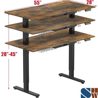 SHW 55 x 28 Electric Height Adjustable Standing Desk w/Drawer,Rustic Brown - color: Rustic Brown, size: 55-Inch