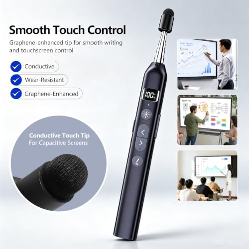 N21 Bluetooth Presentation Clicker for PowerPoint with Retractable Pointer | ①Laser Pointer②Telescopic touch pen③Countdown timer, vibration alert ④Customizable Button ⑤Rechargeable;battery level display - color: Black - Green Pointer