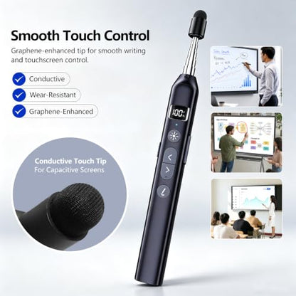 N21 Bluetooth Presentation Clicker for PowerPoint with Retractable Pointer | ①Laser Pointer②Telescopic touch pen③Countdown timer, vibration alert ④Customizable Button ⑤Rechargeable;battery level display - color: Black - Green Pointer