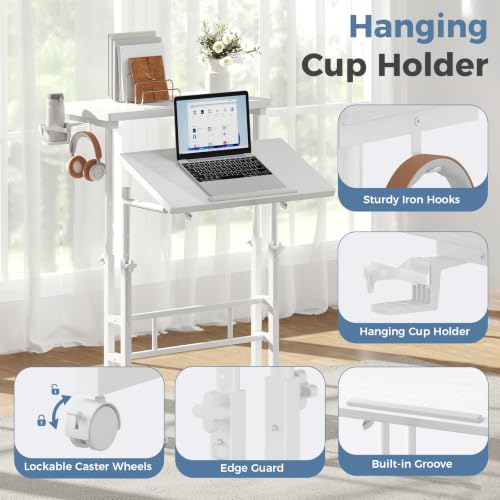 DUMOS Rolling Standing Desk, Sit Stand Desk, Computer Cart | Manual Height Adjustable, Split Top Mobile, Laptop Workstation, Portable Home Office, Walking Pad Study Surface, Modern White - color: Modern White