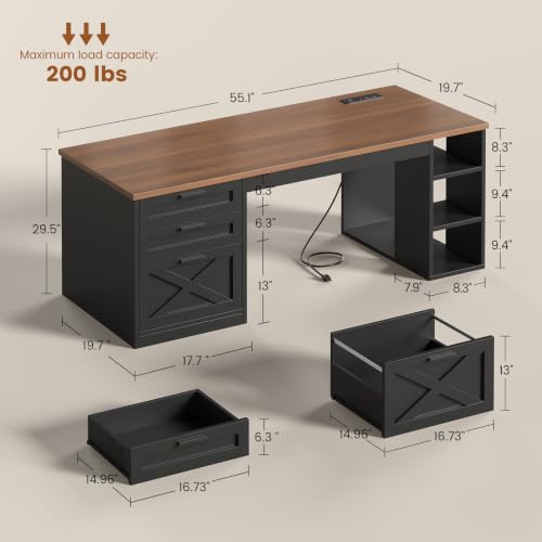 SEDETA 55.1" Farmhouse Office Desk with 3 Drawers for Home Office - color: Black and Brown, size: Executive Office Desk (55")