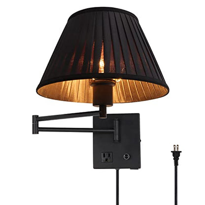17" Swing Arm Wall Lamp USB & AC Outlet, Dimmable, Black - color: Black