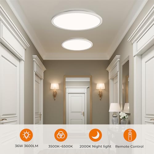 Matane 15.4in LED Flush Mount Ceiling Light Fixture with Remote, 2000K Warm Nightlight, Dimmable 3000K-6500K Low Profile Ceiling Lights for Bedroom, Living Room, 3600LM, White - color: White, size: 15.4 Inch