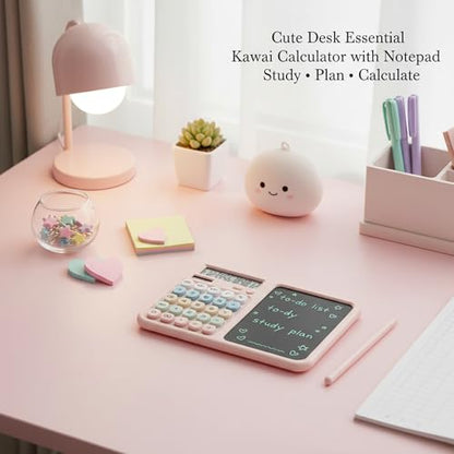 Calculator with Writing Tablet, Desktop Calculator with LCD Notepad, 12-Digit Large Display, Dual Power (Solar & AAA Battery), Erasable Memo Pad with Stylus for Office Finance School (Pink) - color: Pink