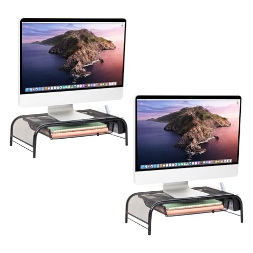 Mind Reader Monitor Stand, Ventilated Laptop Riser, Paper Tray, Office, Metal Mesh, Set of 2, Black - color: Black