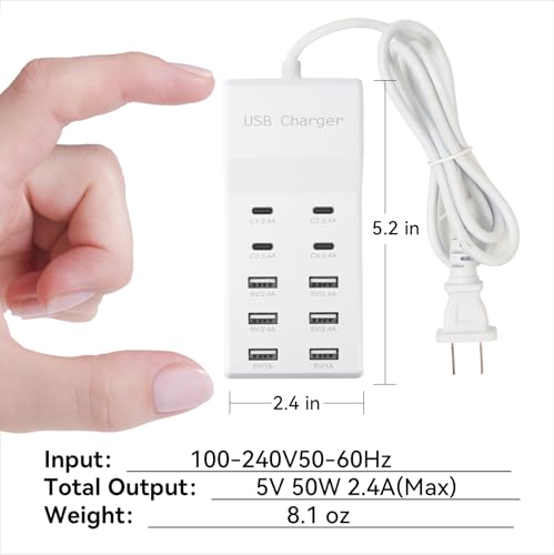 USB Power Strip Charging Station, 10-Port 6A+4C Multi Charger Block