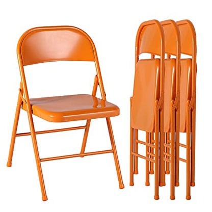 VECELO Metal Frame Steel Folding Mounted Chairs with Triple Braced & Double Hinged Back for Home Office,350-Pound Capacity,Orange, Pack of 4 - color: True Orange