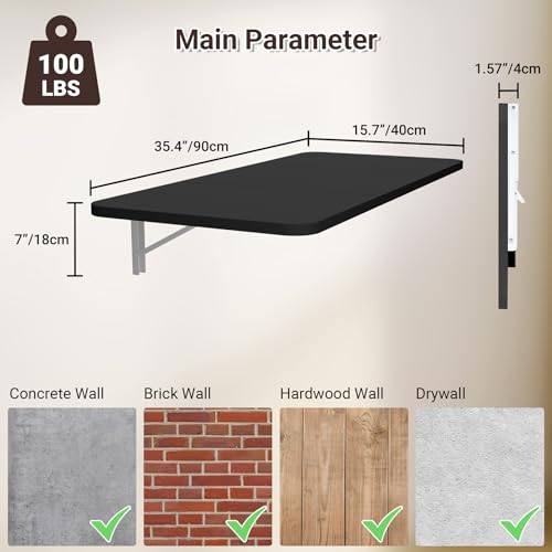 Neoaider Wall Mounted Folding Desk 35.4” x 15.7”, Black - color: Black, size: 35.4" x 15.7"