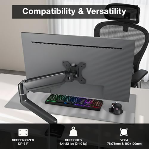 Single Monitor Arm Desk Mount – Adjustable Gas Spring Monitor Stand for 13”–34” Screens, Full Motion Swivel, Tilt & Rotation, Heavy Duty VESA Mount for Office, Gaming & Professional Setup - style: Single Monitor Arm