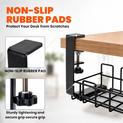 Under Desk Cable Management Tray 2 Pack, No Drill Metal Cord Organizer Box with Clamp Mount, Wire Management Rack for Standing Desk, Home Office & Gaming PC Setup, Black, 12.9 x 4.9 in