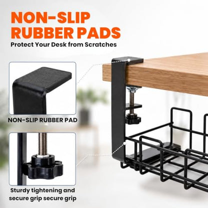 Under Desk Cable Management Tray 2 Pack, No Drill Metal Cord Organizer Box with Clamp Mount, Wire Management Rack for Standing Desk, Home Office & Gaming PC Setup, Black, 12.9 x 4.9 in