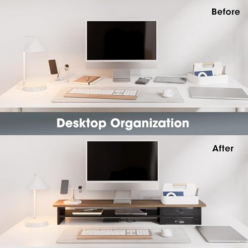 Fenge Monitor Stand, Desk Computer Riser with Frosted Storage Drawer, Brown - color: Brown