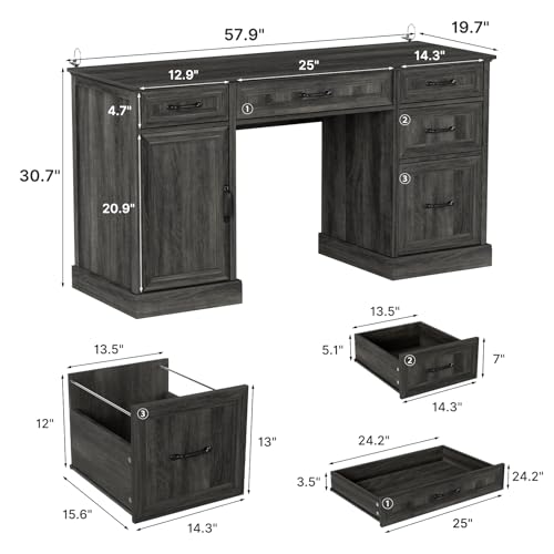 Tradare 58" Farmhouse Executive Desk, Wood Home Office Desk with Drawers & File Cabinet, Embossed Texture Storage Organizer Computer Desk for Working, Studying, Writing, Gray
