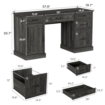 Tradare 58" Farmhouse Executive Desk, Wood Home Office Desk with Drawers & File Cabinet, Embossed Texture Storage Organizer Computer Desk for Working, Studying, Writing, Gray
