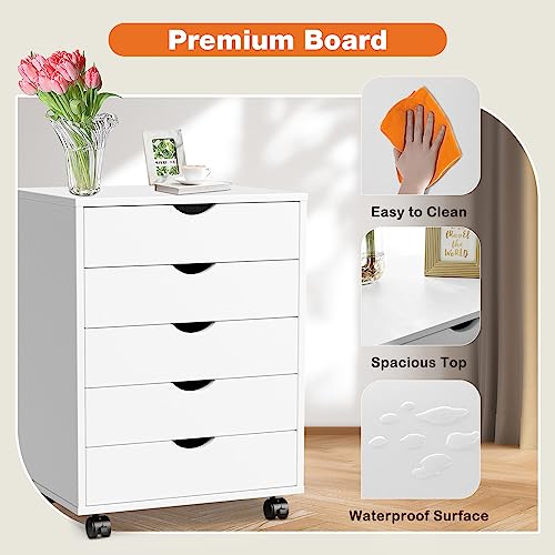 5 Drawer Mobile File Cabinet Under Desk Storage Organization with Wheels Vertical Filing Chest Rolling Wood Small Desk Printer Stand for Home Office, White