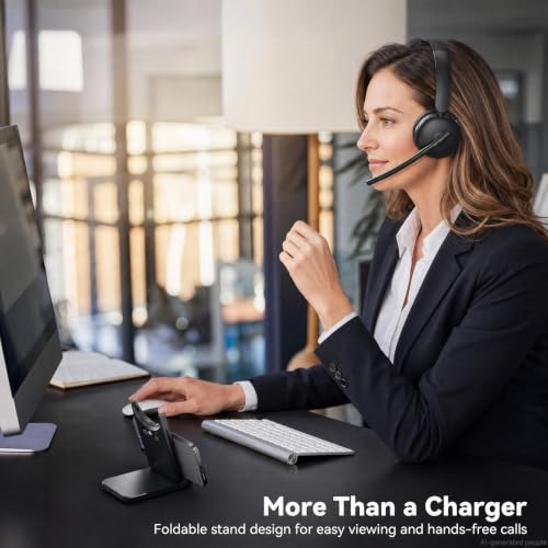 Wireless Headset with Mic for Work, Bluetooth Headset with Microphone AI Noise Cancelling, 65H Battery Headset with Microphone for PC with Fast Charge & Mute Button for Laptop/Call Center/Computer