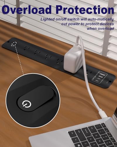 Recessed Power Strip Extension - 10 Outlet Surge Protector with 6 AC - 2 USB-A（18W） and 2 USB-C（PD20W） Ports - Flush Mount Desk Outlet with 6 Feet Cord - for Conference Table (Black) - size: 6 Outlets, style: Desk Socket - Black