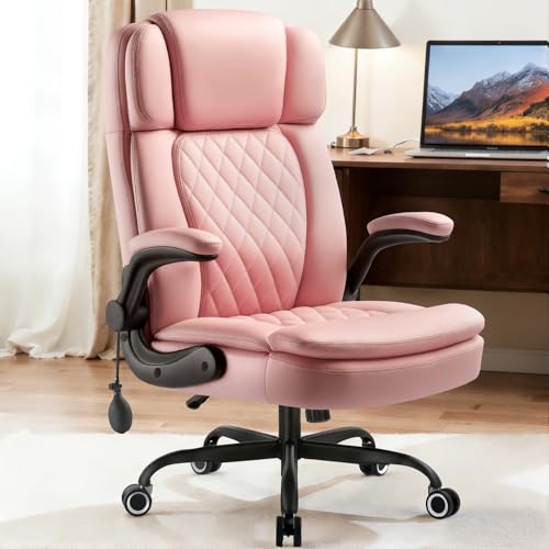 450 LBS Big and Tall Executive Office Chair with Flip up Arm, Heavy Duty Leather Computer Desk Chair,Comfortable High Back Swivel Home Office Chair with Rolling for Adults (Pink) - color: Pink