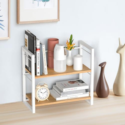 Office Desk Shelf Organizer, Wood Desktop Bookshelf Supplies Storage Rack, Shelf for Top of Desk and Dresser (White-2 Tier) - color: White