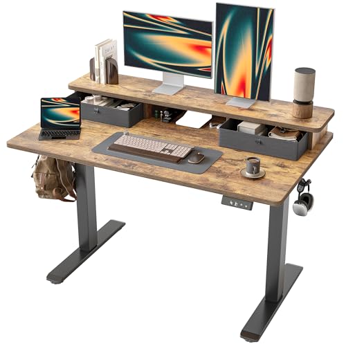 TIQLAB Standing Desk with Two Drawers, Stand Up Standing Desk Adjustable Height, Electric Sit Stand Table with Storage Shelf and Splice Board, 48 * 24 inch, Rustic Brown - color: Rustic Brown, size: 47*24 inch without keyboard tray