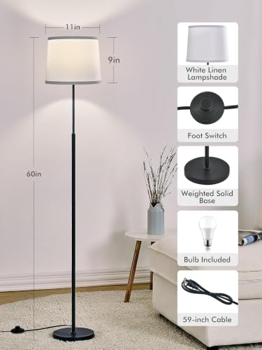 60" Modern Floor Lamp with Linen Shade, 3 Color LED Bulb & Foot Switch - color: Black & White Shade