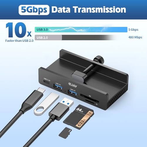 EJAY Clamp USB Hub 5-in-1 USB C Hub 4.92ft Cable for iMac & PC - color: Black